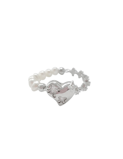 Fashion Ring - Silver Color Pearl Beaded Heart Ring