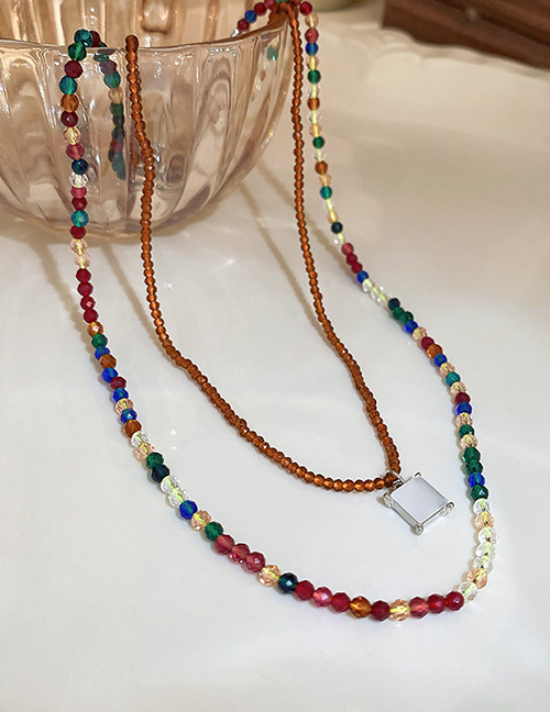 Fashion Necklace - Colored Multicolored Crystal Beaded Square Double Necklace