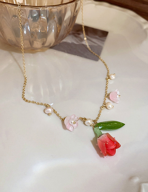 Fashion Necklace - Pink Solid Copper Tulip Pearl Necklace