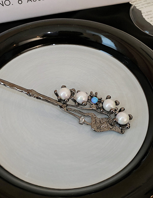 Fashion Hairpin - Black (flowers) Metal Pearl Moonlight Irregular Pleated Hairpin