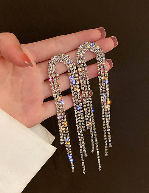 Fashion Silver Color Alloy Diamond Pearl Tassel Drop Earrings