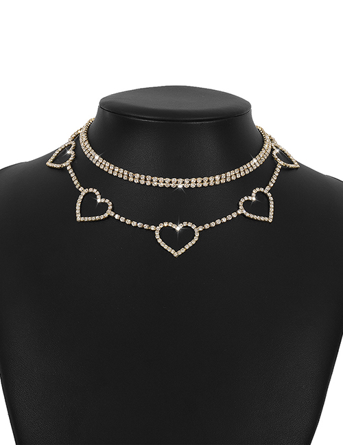 Fashion Gold Color Geometric Diamond Cutout Heart Row Necklace