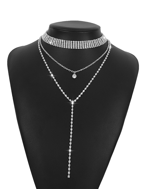 Fashion Silver Color Geometric Diamond Layered Necklace