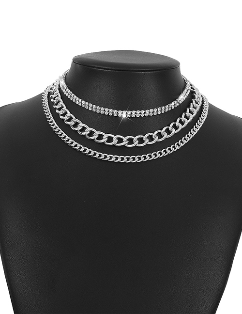 Fashion Silver Color Alloy Diamond Claw Chain Thick Chain Multilayer Necklace