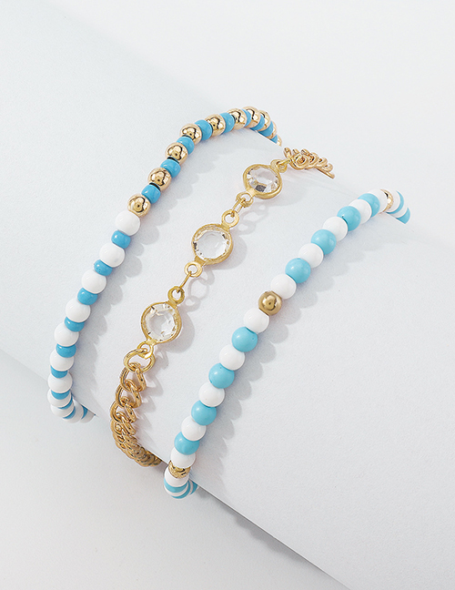Fashion Gold Color+blue Rice Beaded Beaded Anklet Set With Diamonds