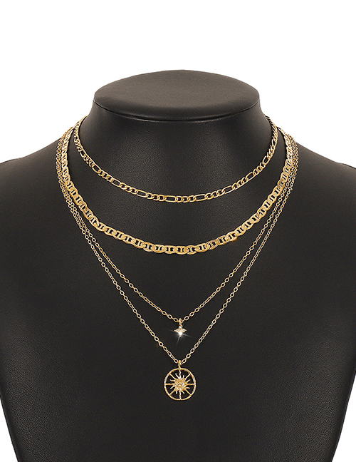 Fashion Gold Color Alloy Diamond Starburst Hollow Sun Multilayer Necklace