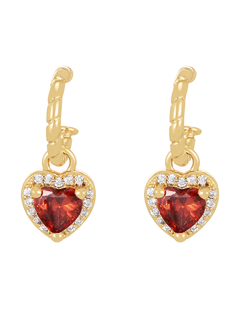 Fashion Red Copper Set Zircon Heart Stud Earrings