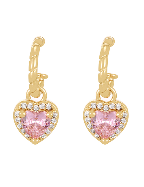 Fashion Pink Copper Set Zircon Heart Stud Earrings