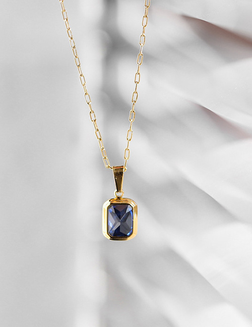 Fashion Blue Diamond Titanium Gold Plated Necklace With Square Diamonds