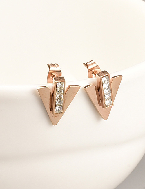 Fashion Rose Gold Color Titanium Diamond V Shape Stud Earrings