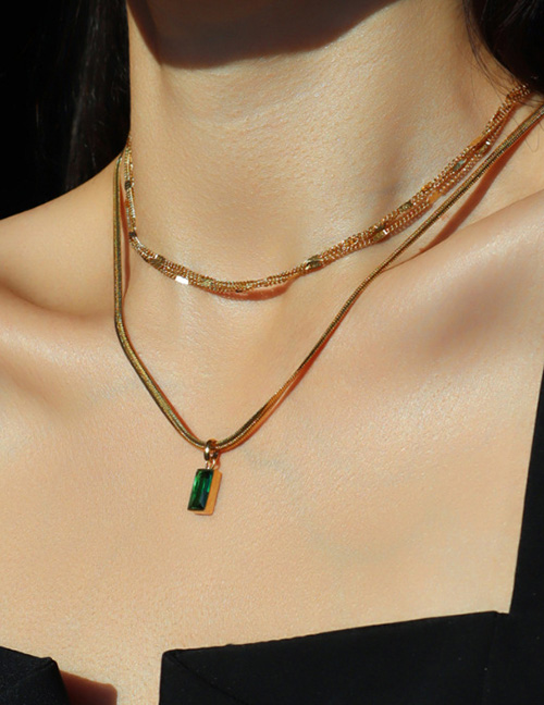 Fashion Green Diamond Titanium Steel Gold Plated Double Necklace With Square Diamonds