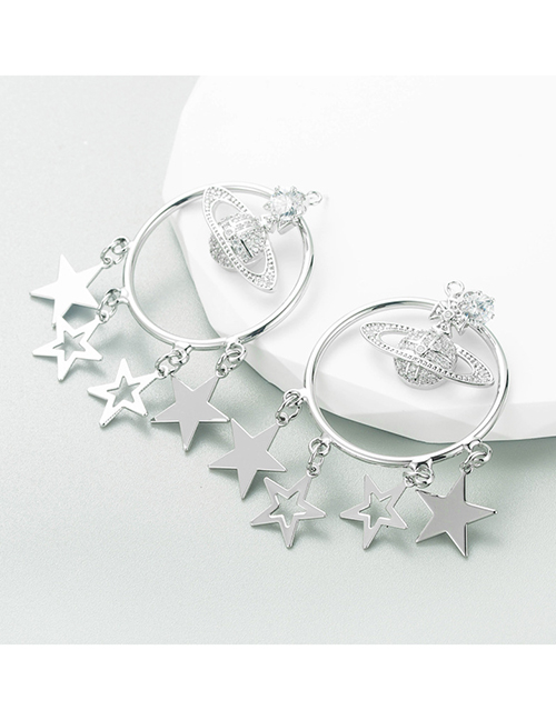 Fashion Silver Alloy Diamond Star Tassel Planet Stud Earrings