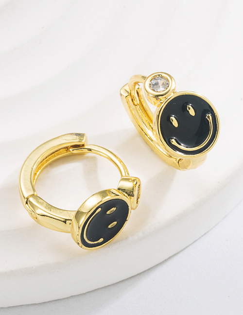 Fashion Black Copper Gold Plated Zirconium Oil Smiley Earrings