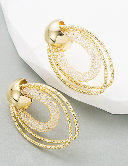 Fashion Gold Alloy Mesh Set Rhinestone Cutout Geometric Stud Earrings