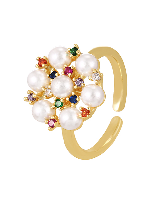 Fashion Gold-5 Bronze Zircon Pearl Flower Ring