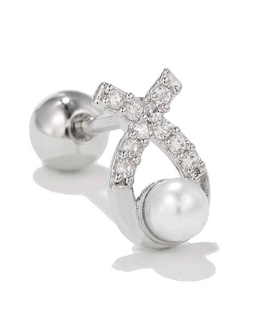 Fashion 5# Titanium Diamond And Pearl Geometric Pierced Stud Earrings