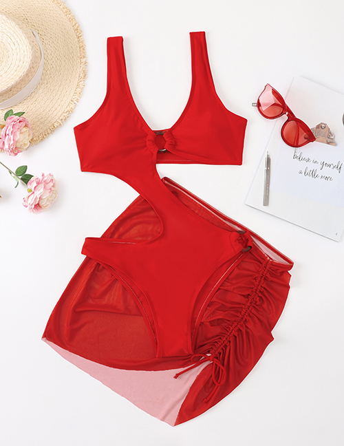 Fashion Red Nylon Cutout Drawstring Two-piece Swimsuit