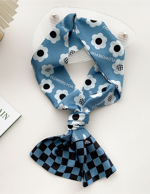 Fashion 1 Flower Checkerboard Blue Black Geometric Print Ribbon Scarf