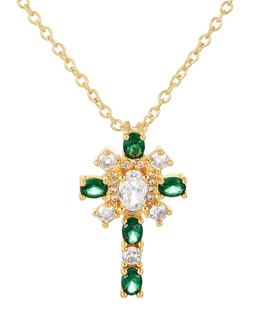Fashion Dark Green-3 Bronze Zircon Cross Pendant Necklace