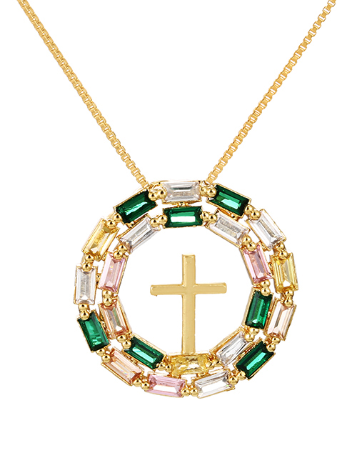 Fashion Color-2 Bronze Zircon Round Cross Pendant Necklace