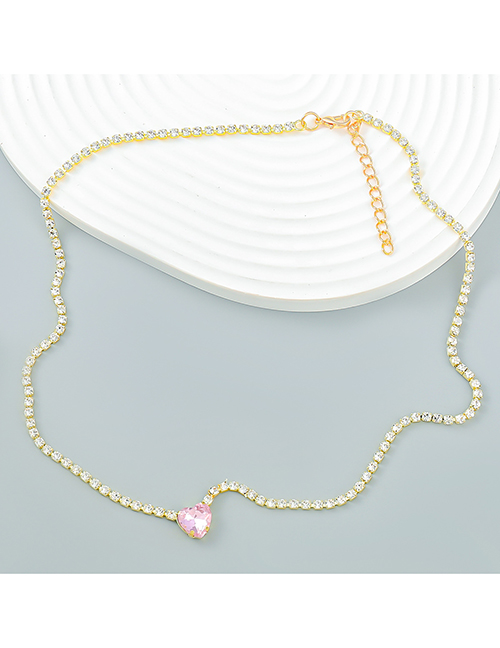 Fashion Pink Alloy Diamond Heart Diamond Necklace