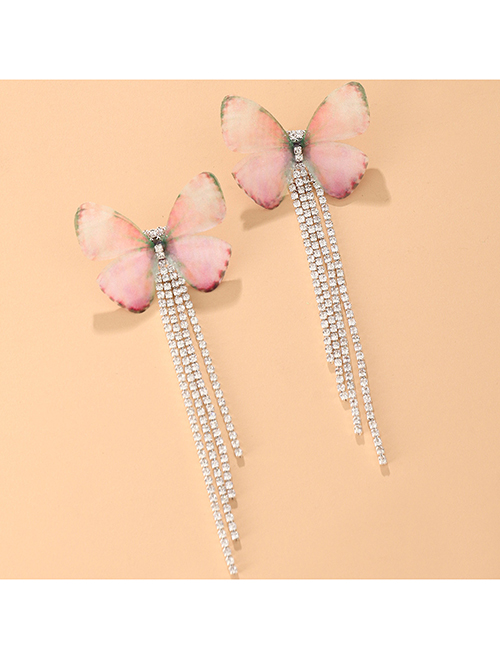 Fashion Pink Alloy Diamond Tassel Butterfly Drop Earrings