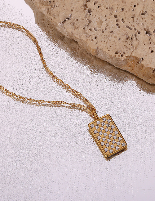 Fashion Gold Stainless Steel Inlaid Zirconium Plaid Square Necklace