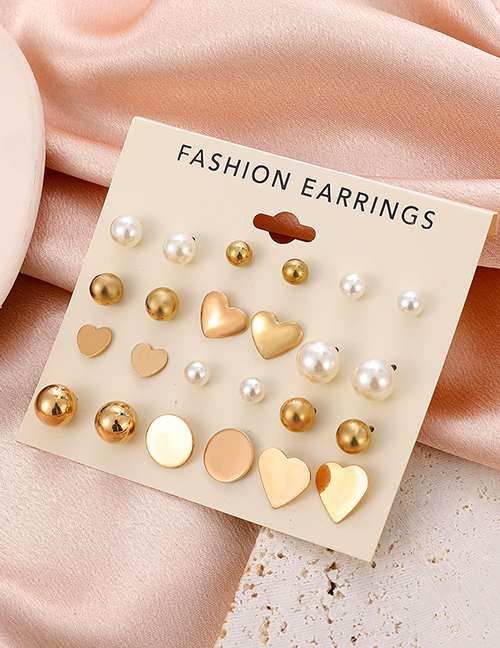 Fashion Gold Alloy Geometric Heart Pearl Stud Earrings Set