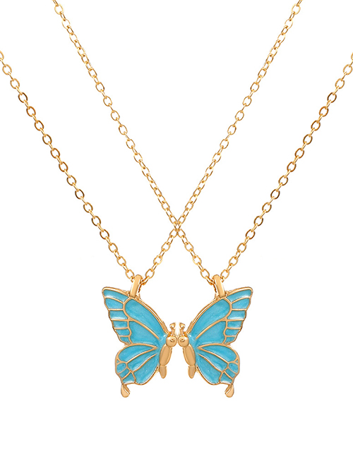 Fashion Blue Drip Oil Double Butterfly Necklace Set