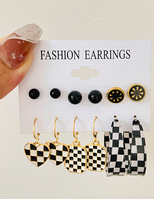 Fashion 06 Six H-199 Alloy Drop Oil Plaid Heart Earrings Set