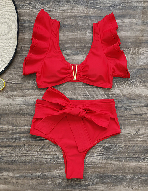 Fashion Red Polyester Ruffle Tie Split Swimsuit