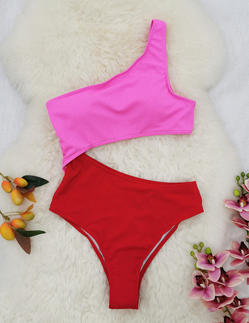 Fashion Pink Polyester Colorblock One-shoulder Cutout One-piece Swimsuit