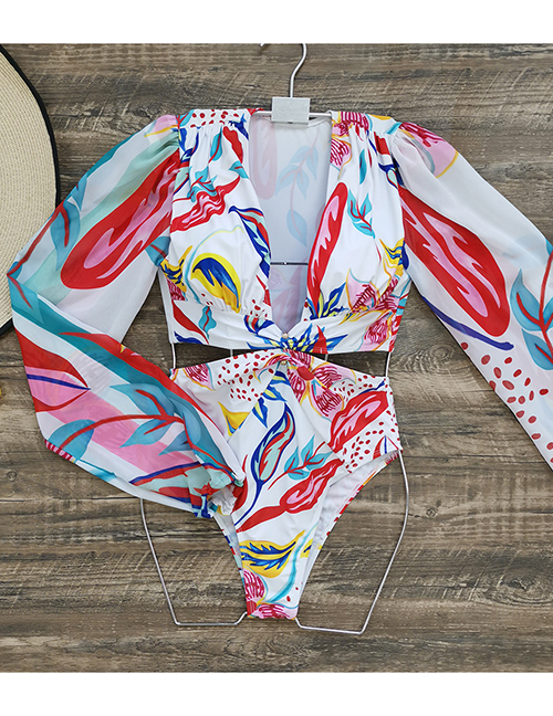 Fashion Red And Blue Leaves Print On White Background Polyester Print V-neck Cutout One Piece Swimsuit