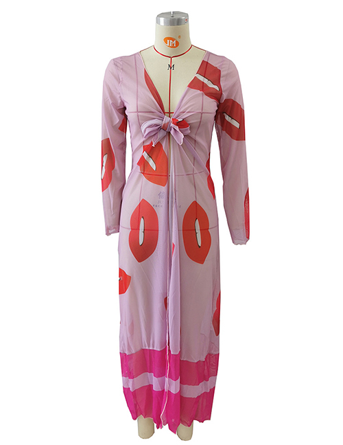 Fashion Foundation Lips Polyester Print Knotted Long Sleeve Cover Up Skirt