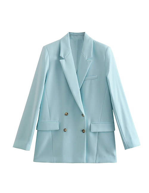 Fashion Blue Solid Double-breasted Pocket Blazer