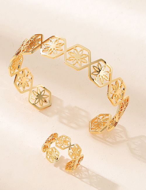 Fashion Gold Alloy Openwork Flower Ring Bracelet Set