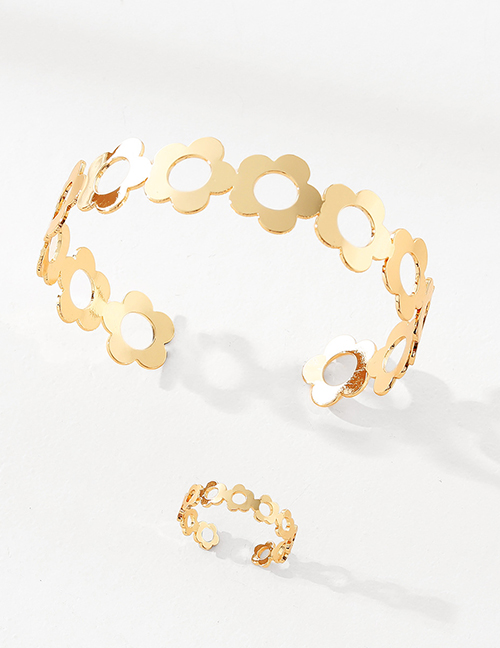 Fashion Gold Alloy Geometric Cutout Flower Ring Bracelet Set