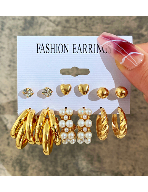 Fashion Gold Alloy Diamond Heart Pearl Earring Set