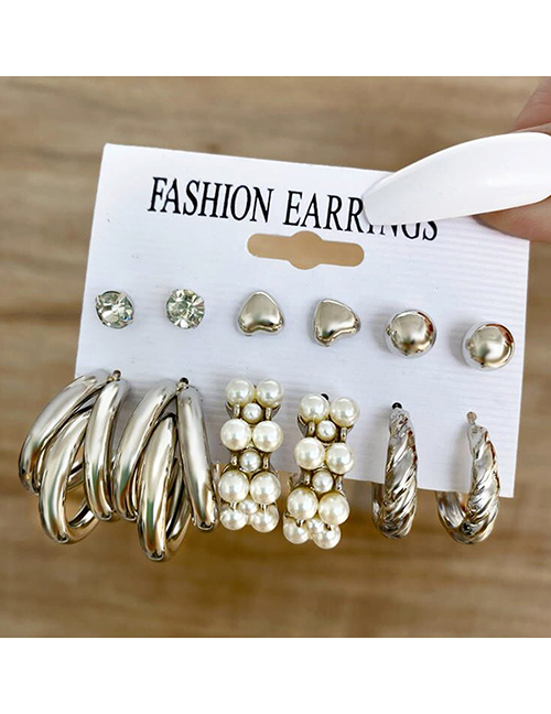 Fashion Silver Alloy Diamond Heart Pearl Earring Set
