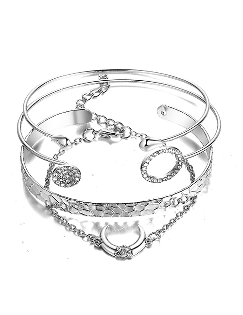 Fashion Silver Metal Diamond Crescent Circle Open Bracelet Set