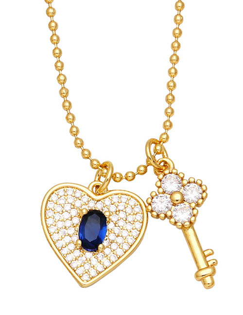 Fashion Dark Blue Brass Diamond Heart Key Necklace
