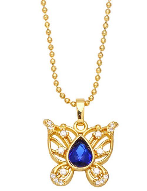 Fashion Blue Bronze Diamond Openwork Butterfly Necklace