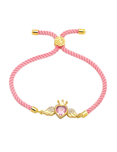 Fashion Pink Braided Braided Bracelet With Braided Heart Diamond Wings In Brass