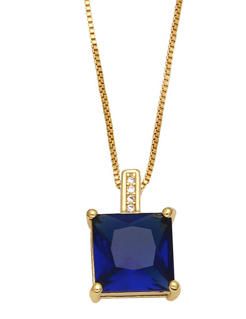 Fashion Dark Blue Brass Set Square Zirconium Necklace