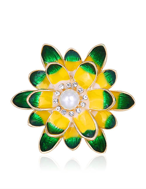 Fashion Green + Yellow Alloy Diamond Flower Brooch