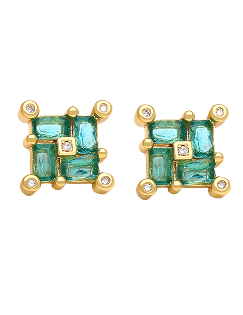 Fashion Green Brass Set Square Zirconia Stud Earrings