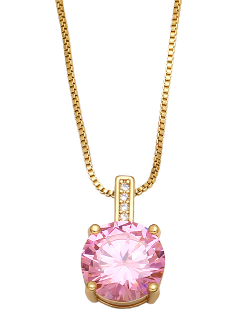Fashion Pink Brass Set Round Zirconium Necklace