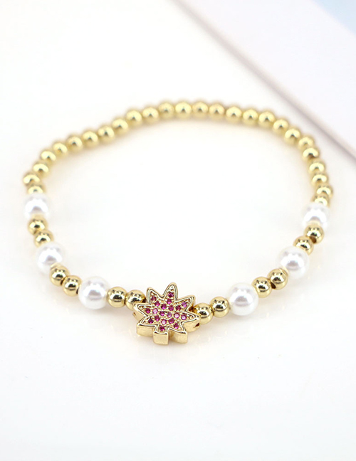 Fashion Rose Red Gold Plated Copper Beaded Diamond Leaf Bracelet