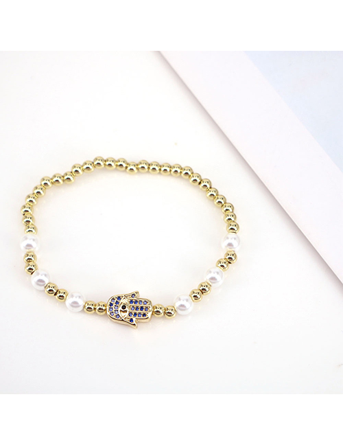 Fashion Navy Blue Brass Gold Plated Pearl Beaded Diamond Palm Eye Bracelet