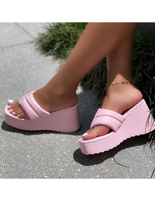 Fashion Pink Pu Wedge Heel Clip Toe Hollow Sandals